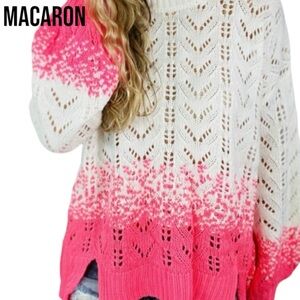 Macaron WHITE PINK NEON DIP OMBRE OVERSIZED OPEN KNIT SWEATER Small COZY
